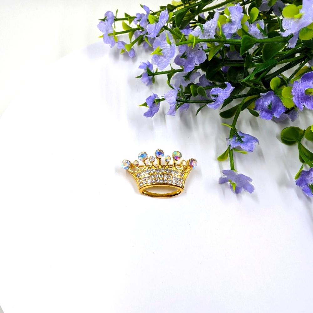 Aurora Borealis Finish Genuine Crystal Gold Plated Vintage Crown Brooch